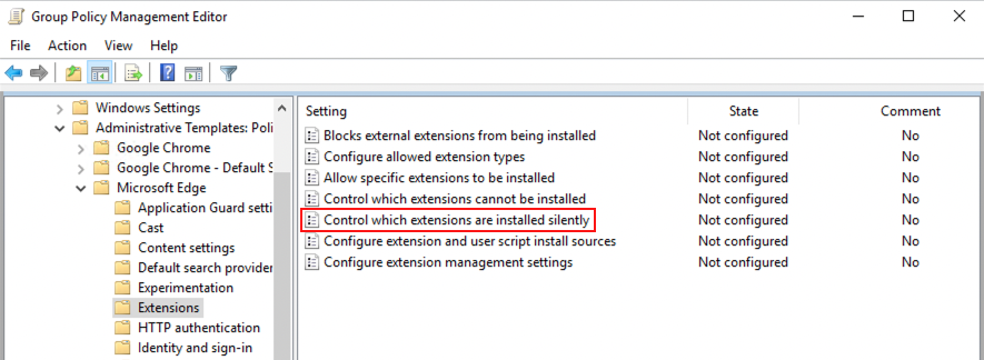 MS Edge control which extensions are installed silently: KB 10053
