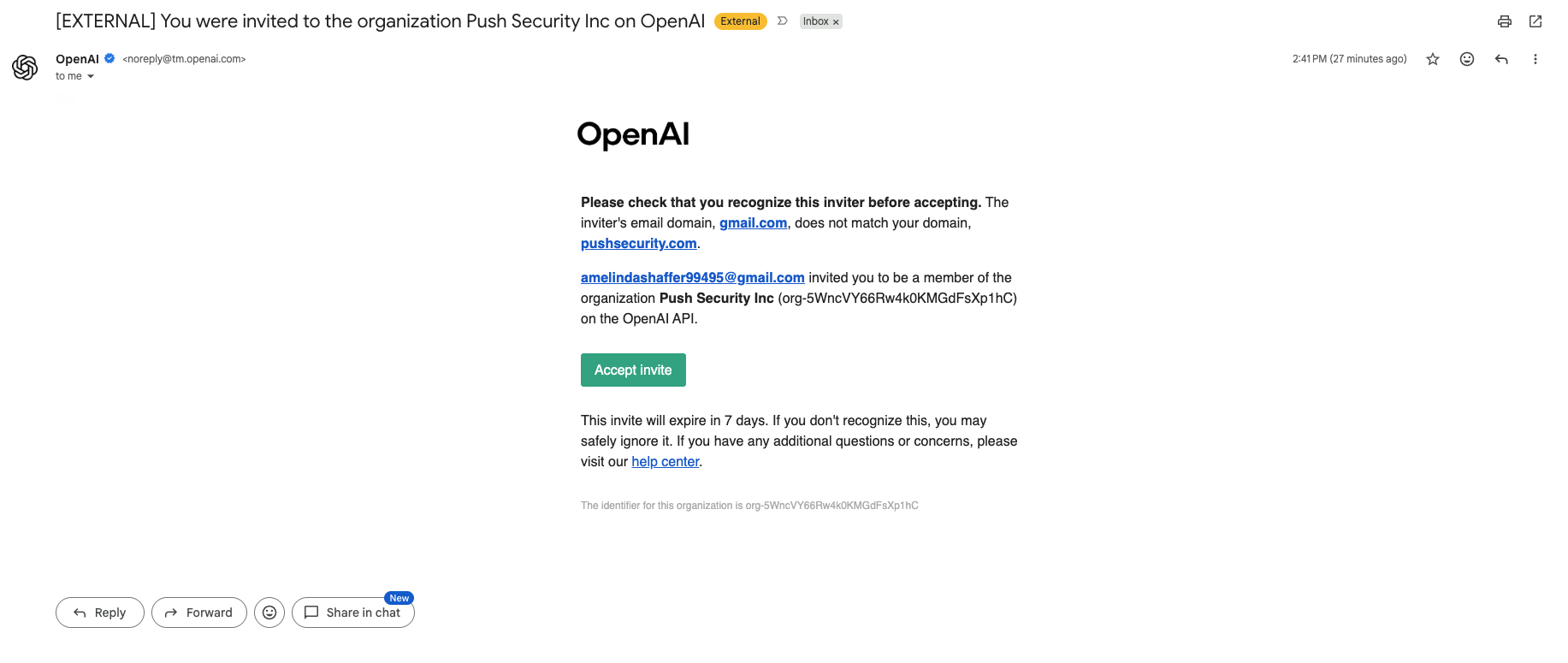 Invitation email showing OpenAI branding, "Push Security Inc" org name, and the Gmail sender address