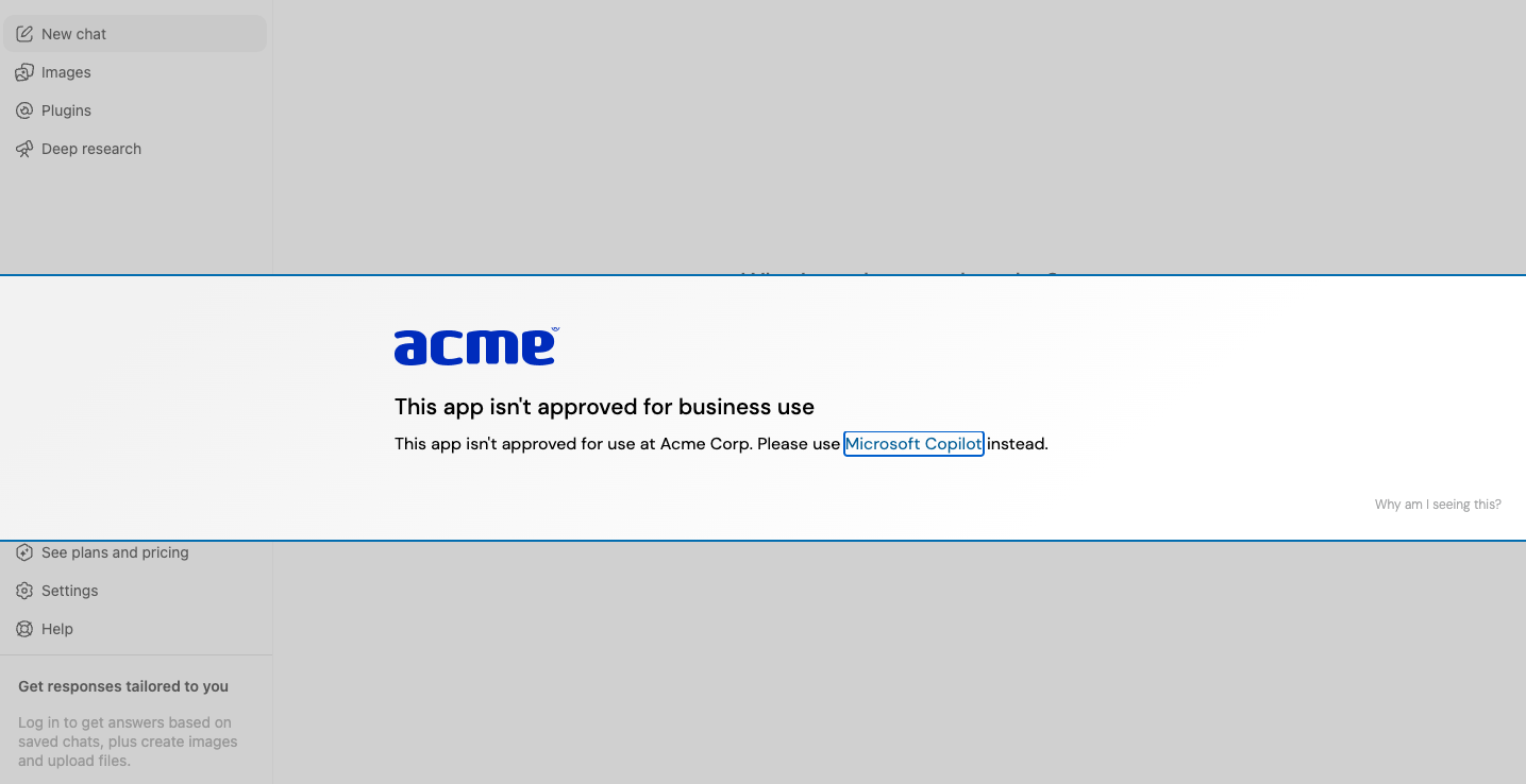 Push in-browser warning screen guiding the user toward the preferred AI app