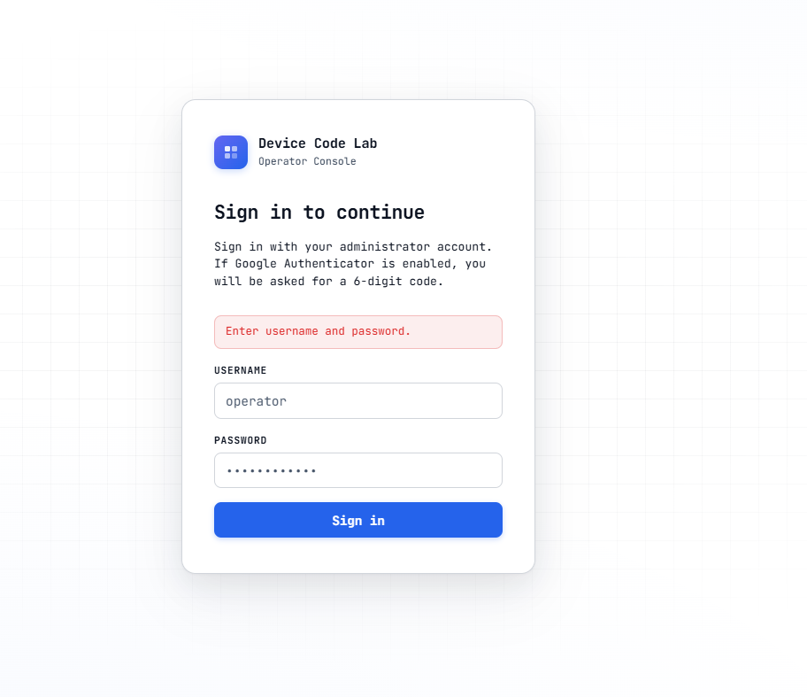 Device code lab portal