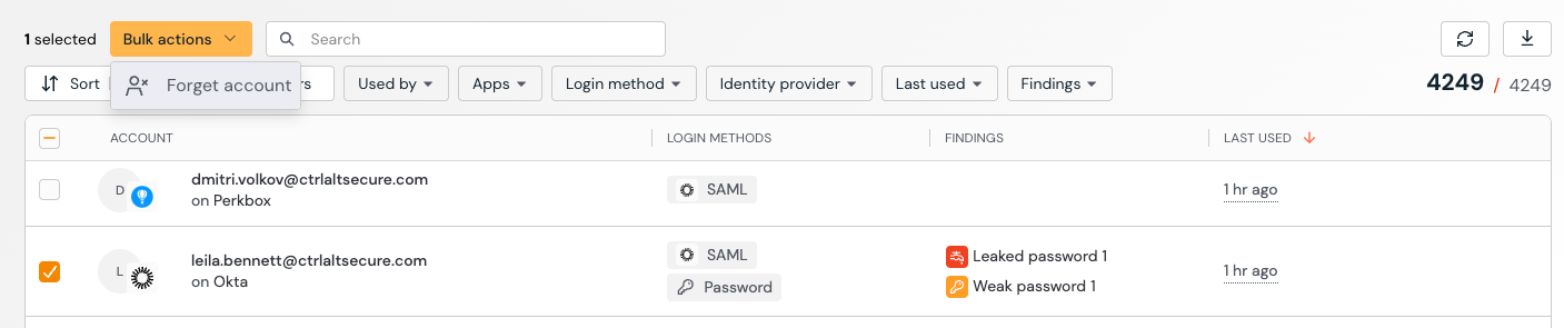Forget accounts bulk action - docs - View SaaS activity
