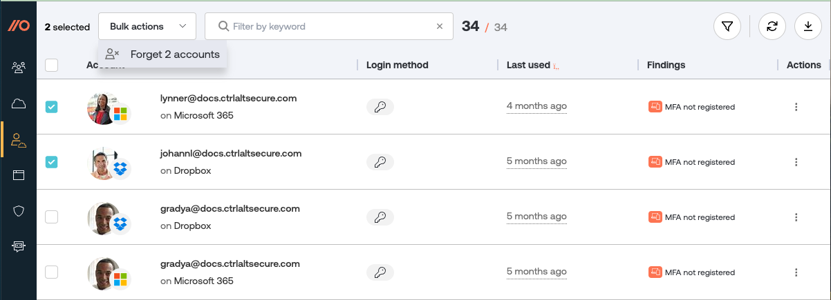 Forget accounts bulk action - docs - View SaaS activity