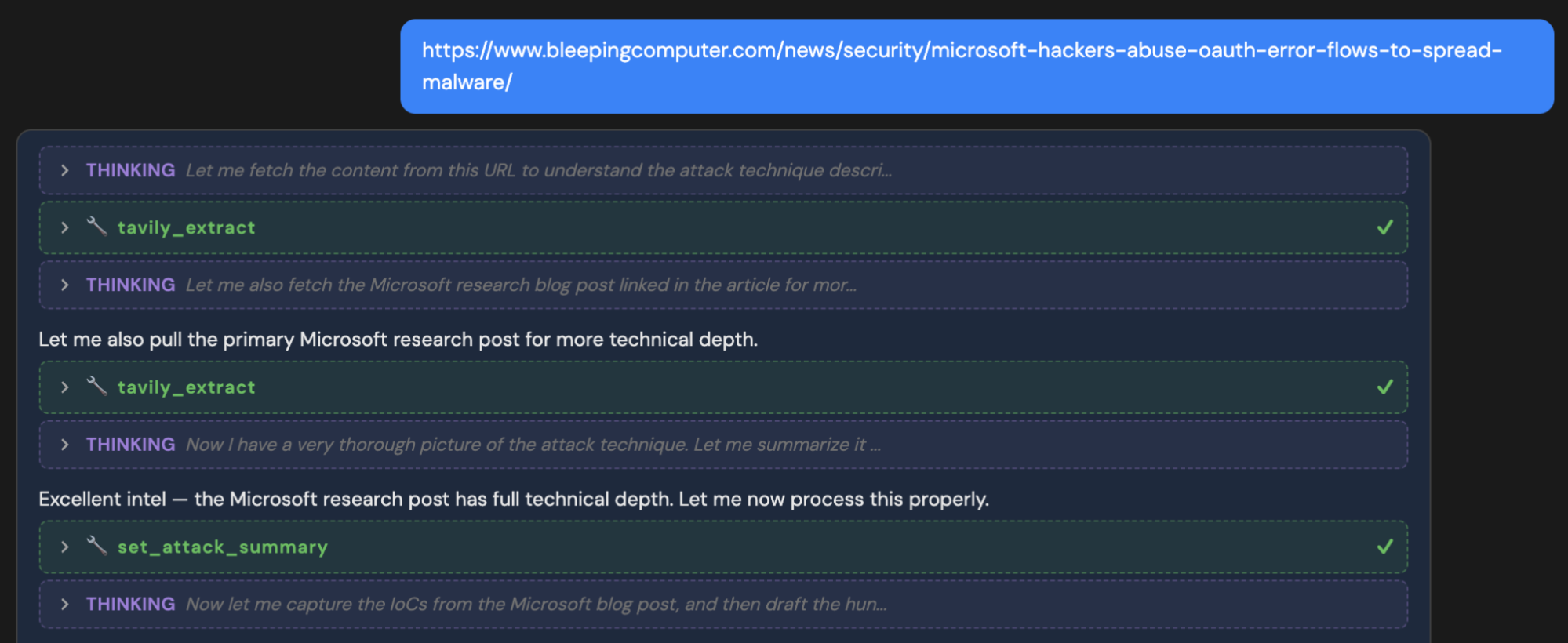 Push’s intel agent reasoning over some ingested TI on a novel OAuth redirect abuse technique.