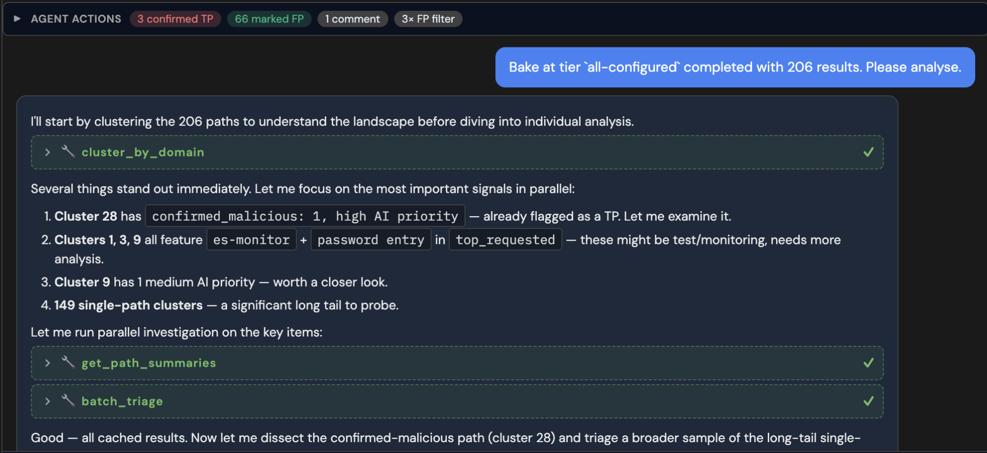 A glimpse into the reasoning process of the hunt agents, clustering results for efficient analysis before suggesting query refinements