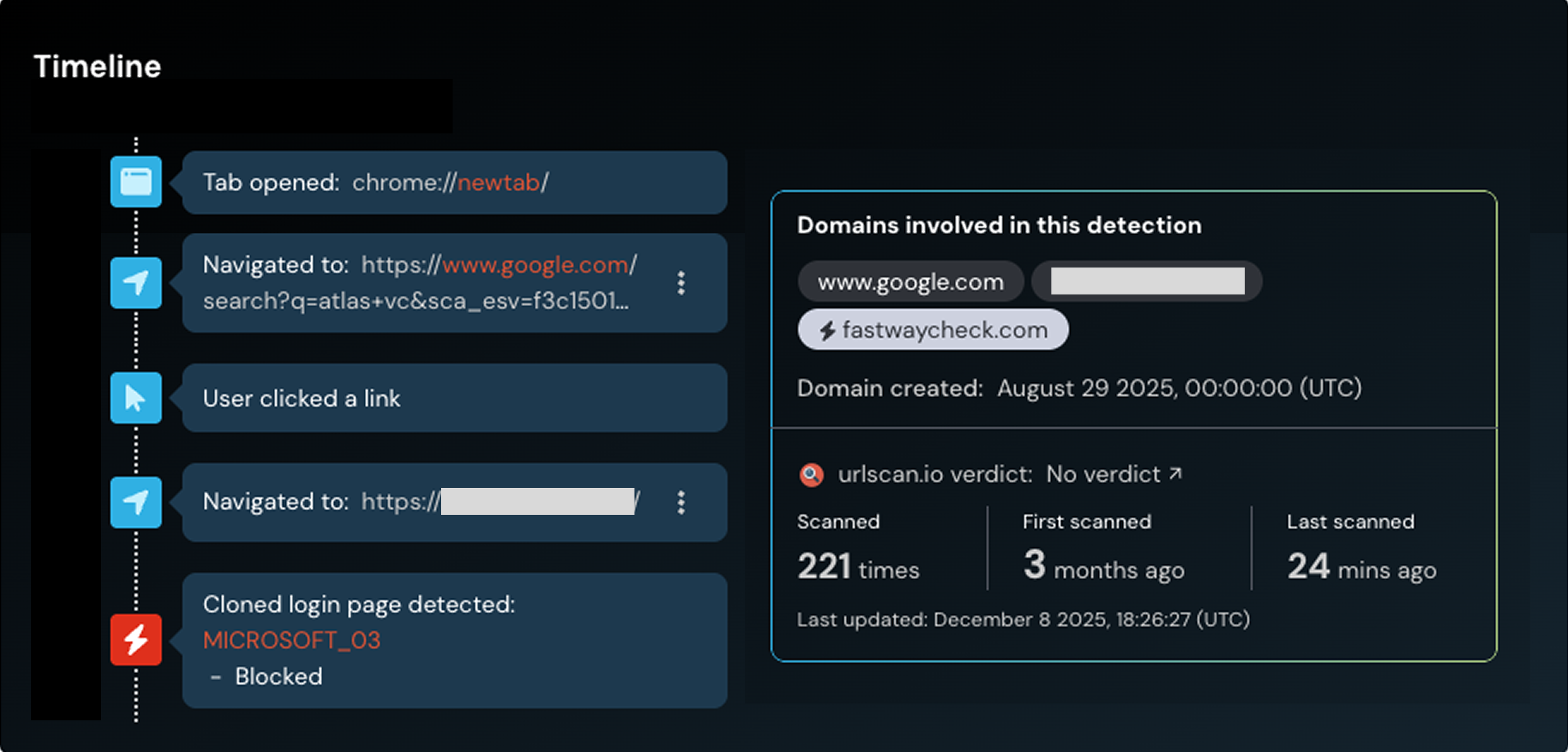 Detection timeline showing the page being detected and blocked by Push.