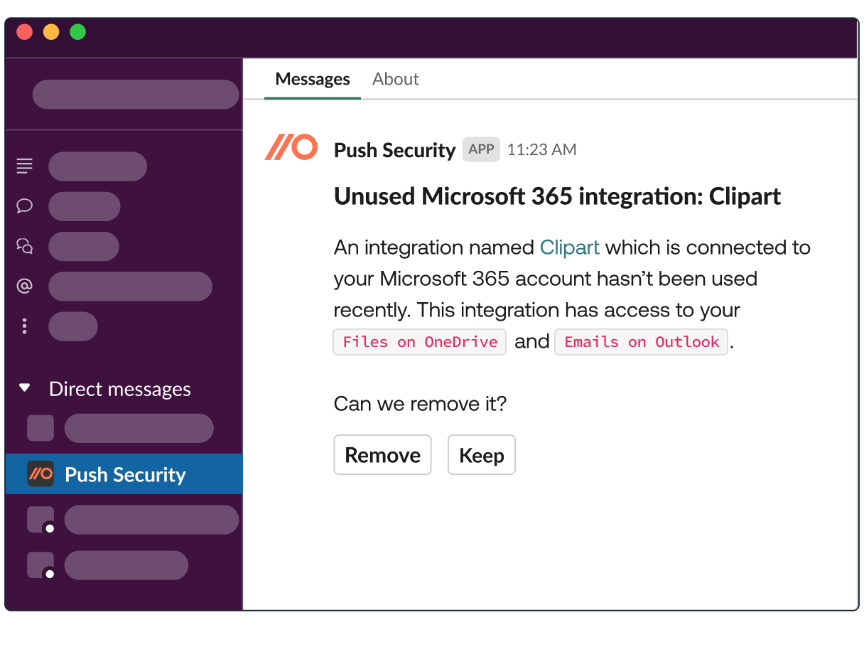 Slack message asking an employee to remove a dormant integration