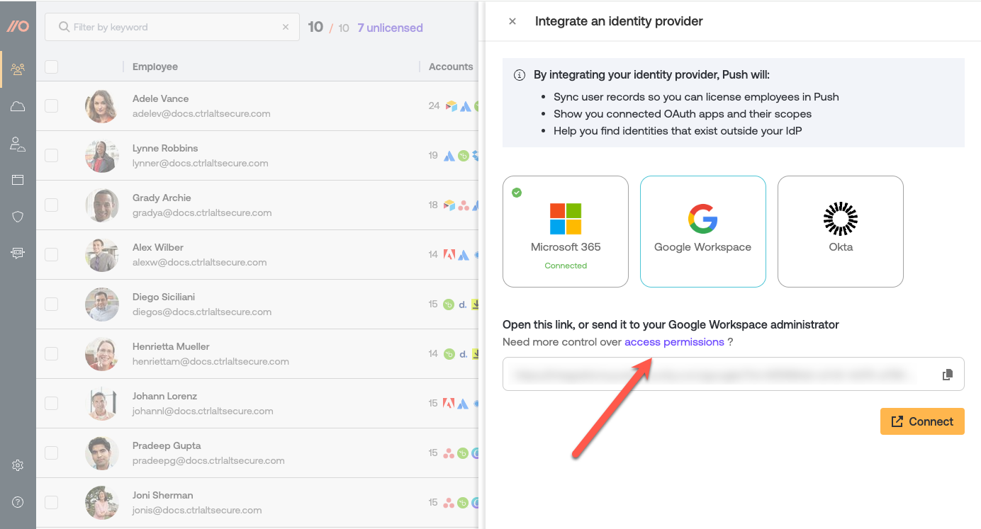 Integration access permissions menu - docs - Add employees