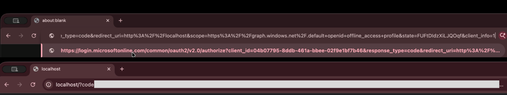 The user loads a legitimate Microsoft page and is redirected to a localhost URL containing a code associated with their Microsoft account.
