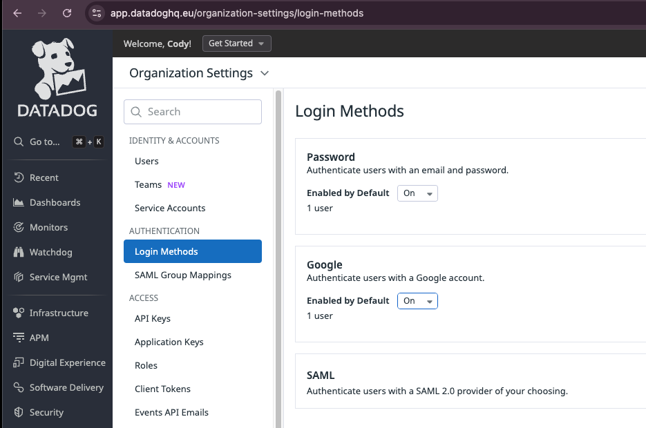 Datadog administrative screen for enabling/disabling login methods