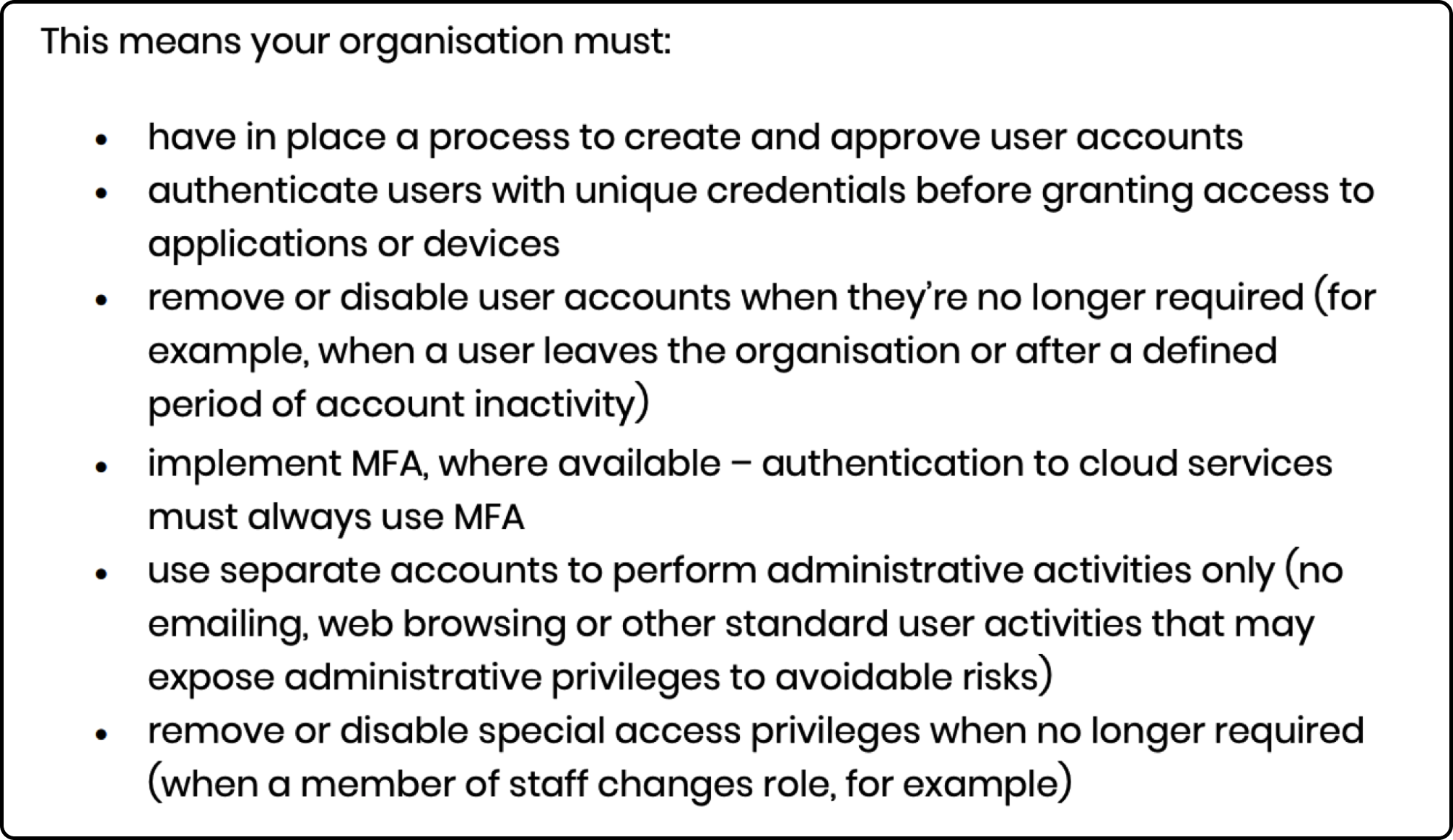 Account management requirements.