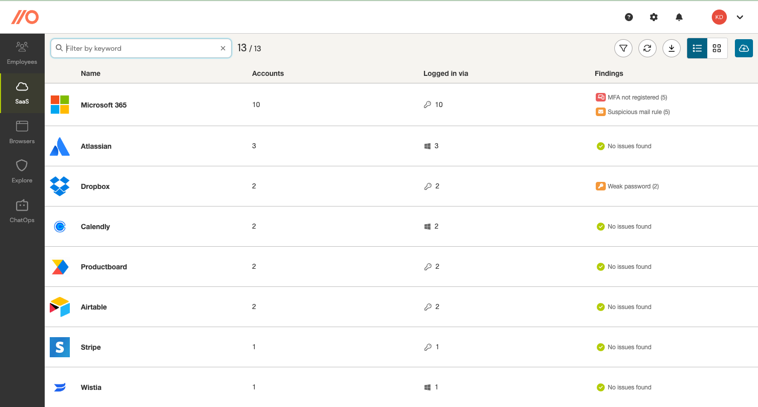 SaaS page - table view - docs - View SaaS activity