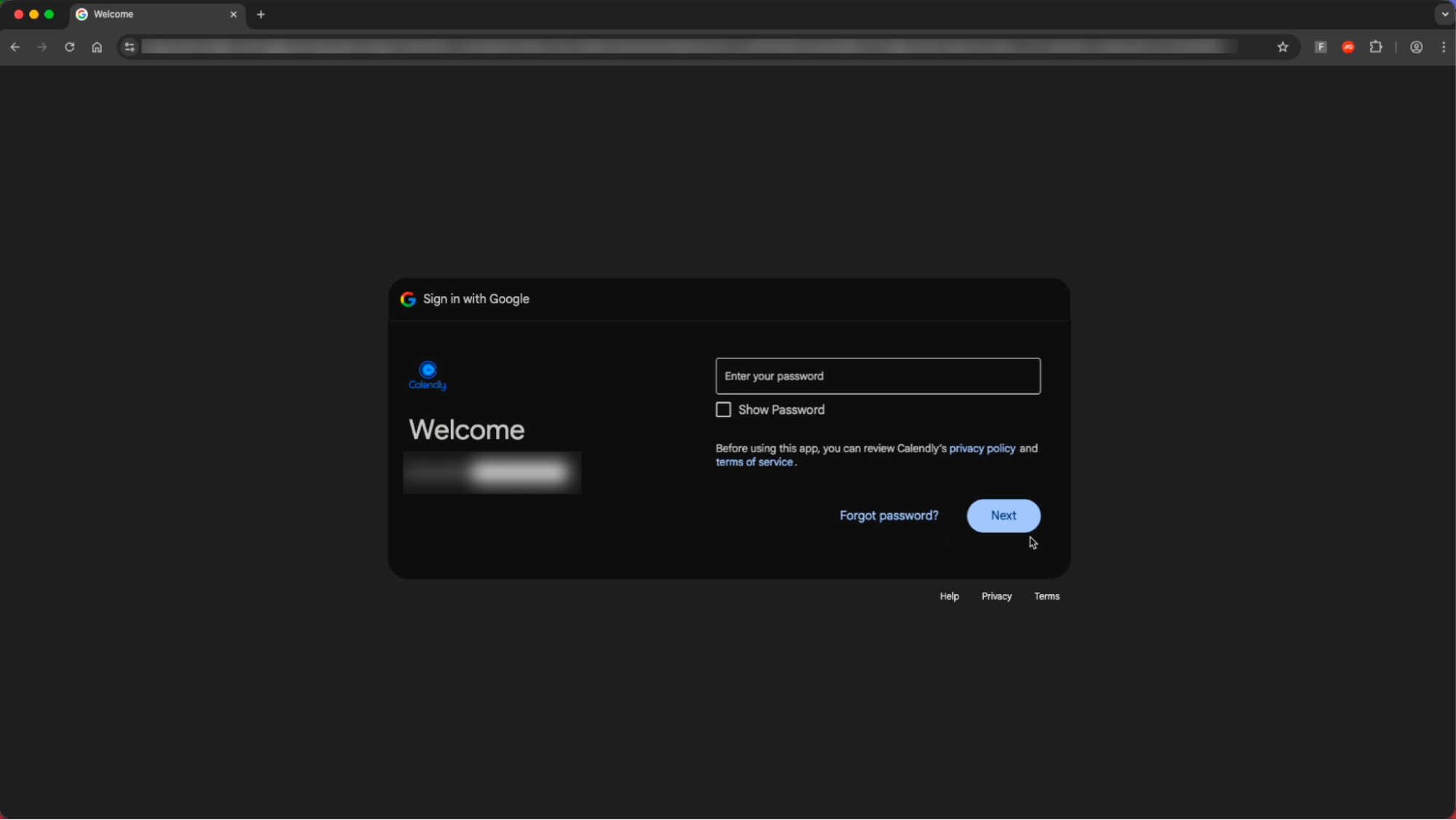 After entering an allowed email domain, the password entry field loads.