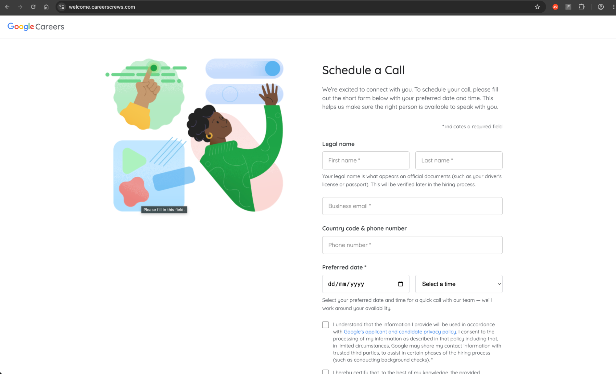 Google Careers themed landing page.