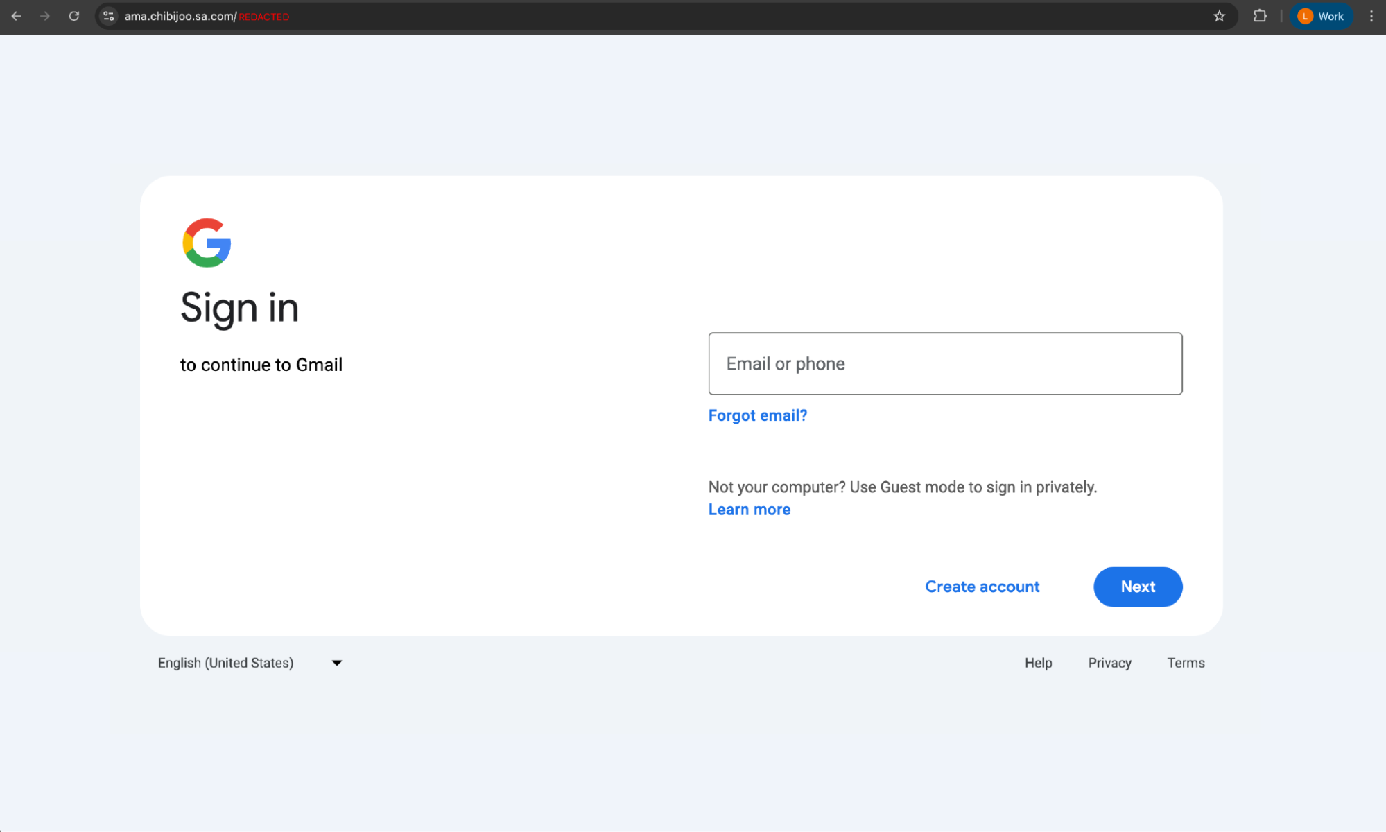 The AitM phishing page presented as a standard Google login page.