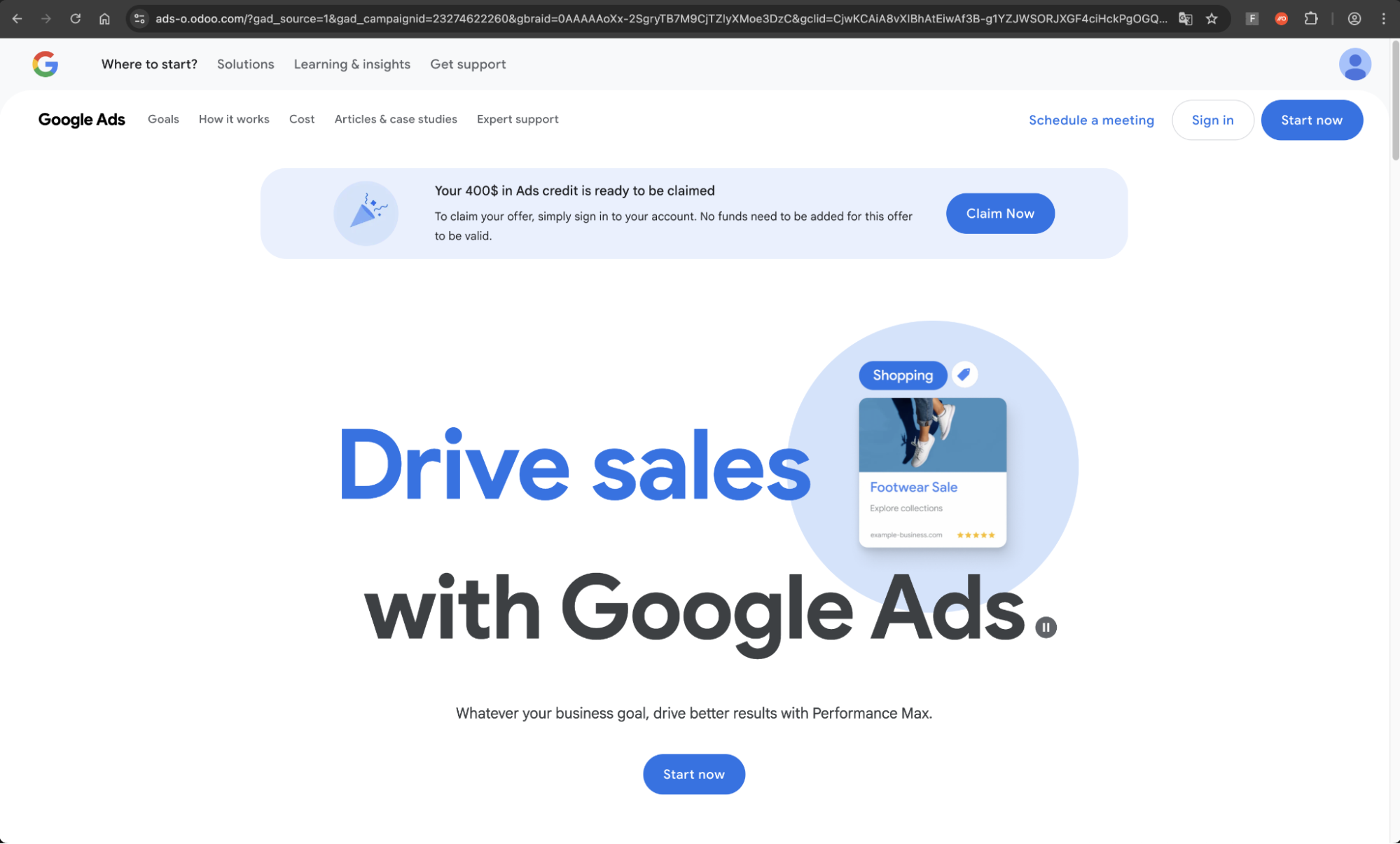 Phishing site landing page impersonating the real Google Ads landing page.