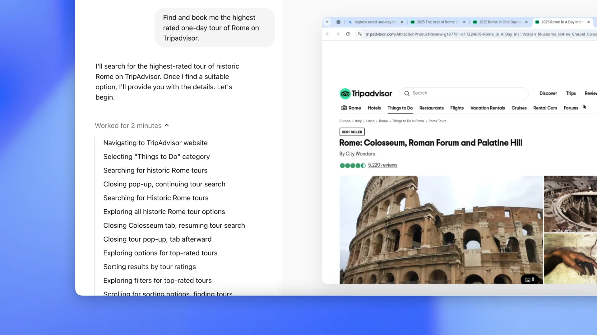 OpenAI Operator being tasked with “find and book me the highest rated one-day tour of Rome on Tripadvisor”