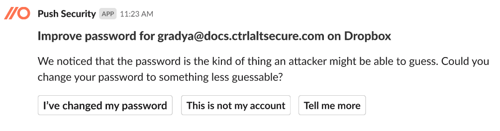 ChatOps message - weak password - docs