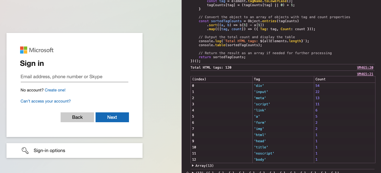 Legitimate Microsoft login page, see a simple analysis of HTML tags in the DOM on the right