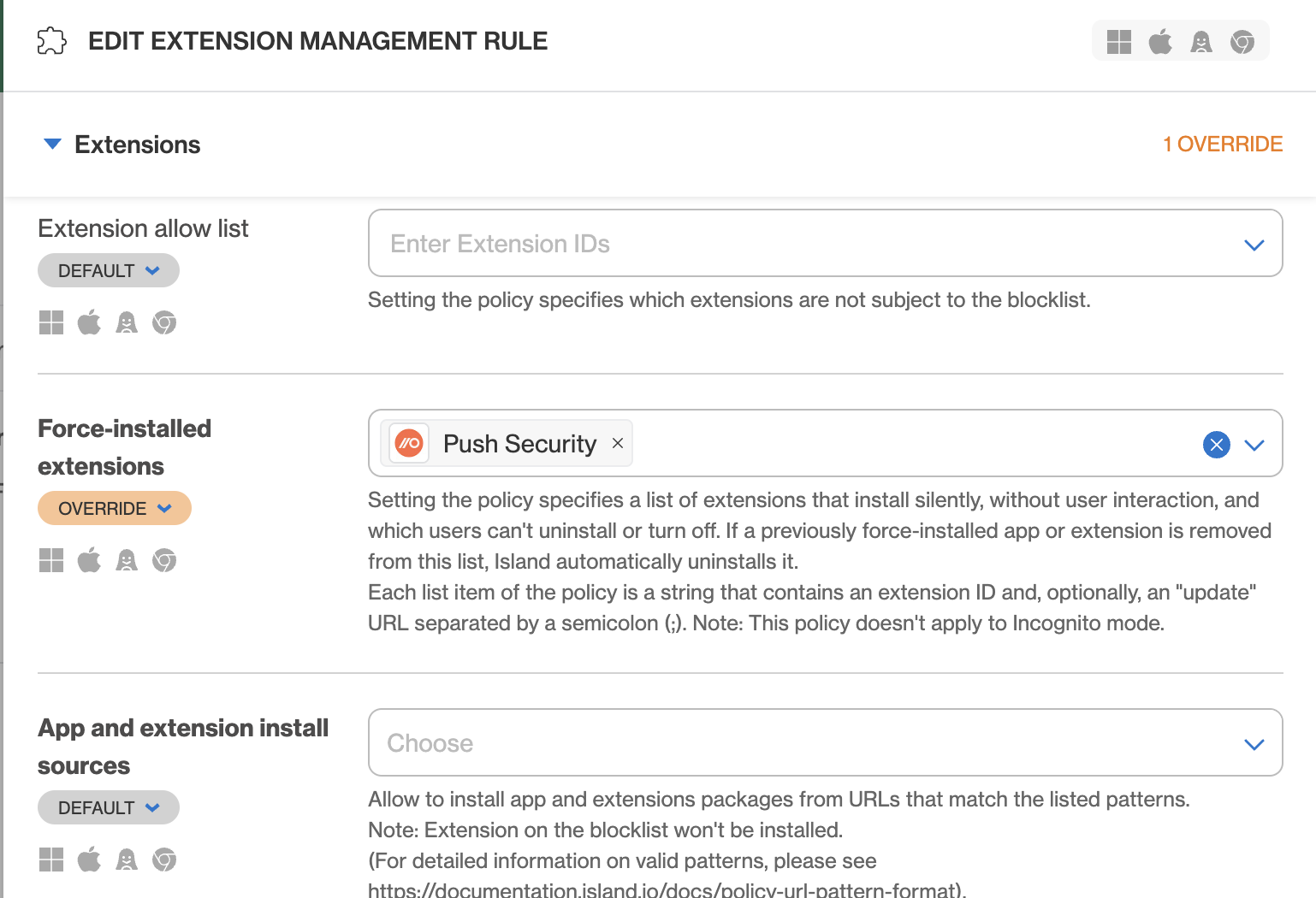 Edit extension management rule - docs - deploying to Island