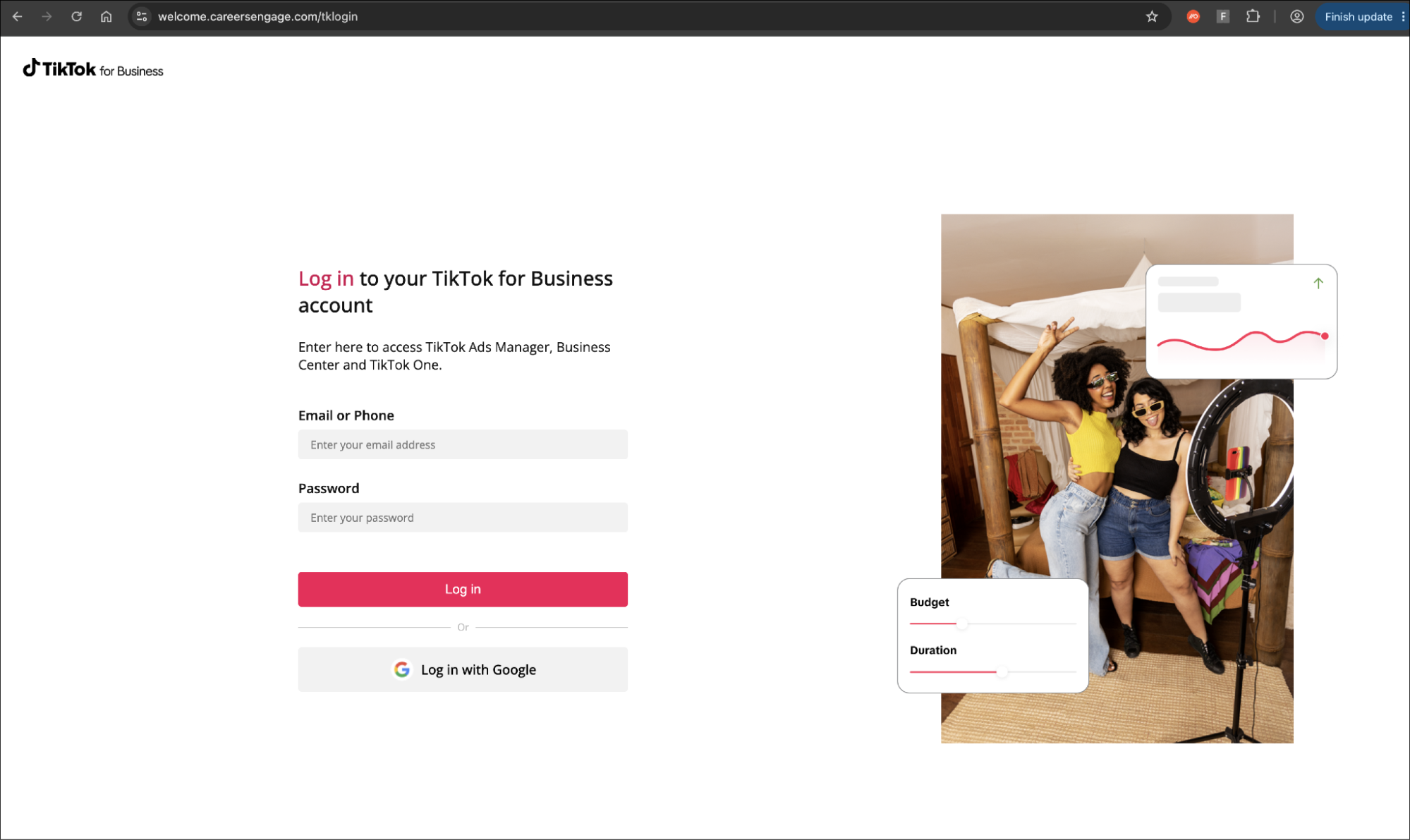 TikTok for Business themed login page. The fake page has replaced the “Log in with TikTok” button with “Log in with Google”.