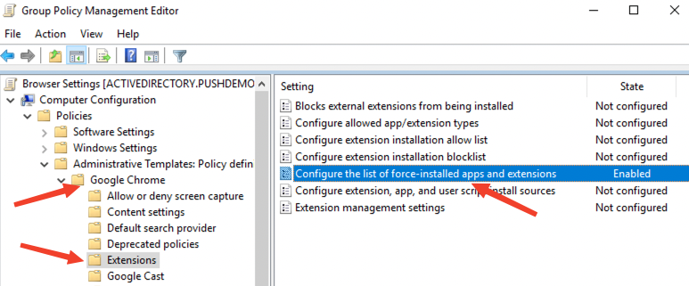 Chrome Group Policy select force install setting: KB 10062