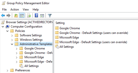 Group policy management editor showing installed ADMX templates: KB 10052