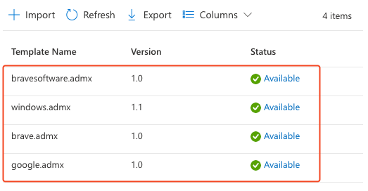 Intune MDM instructions for Brave - template upload complete