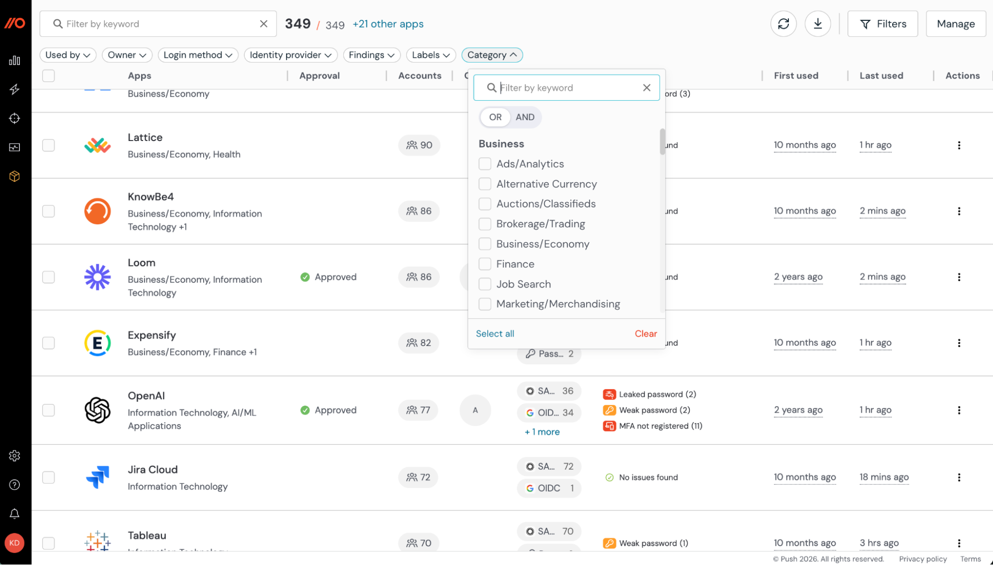 Push automatically inventories apps accessed by your employees and categorizes them.