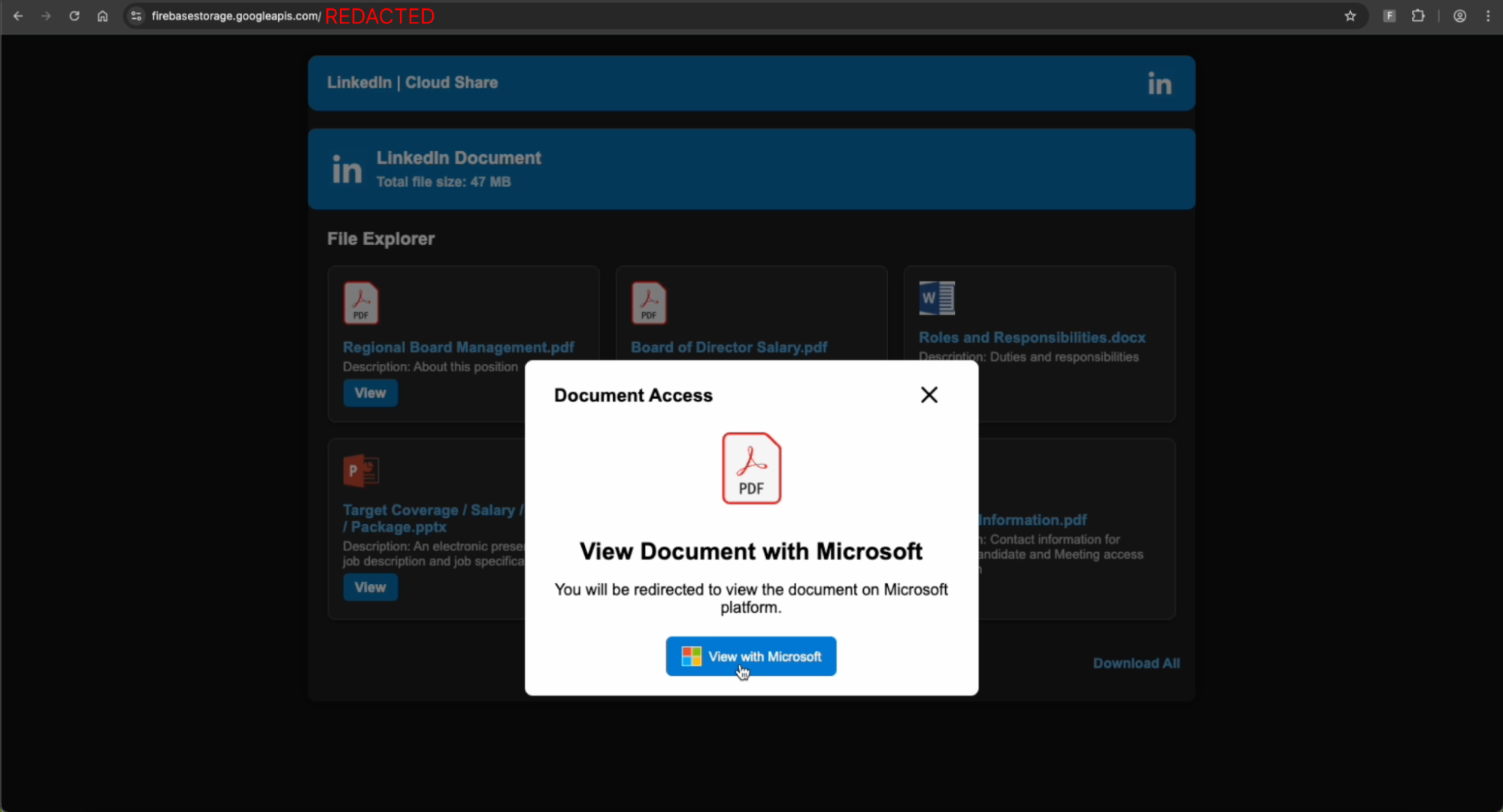 The victim is prompted to click the link to “view with Microsoft”.