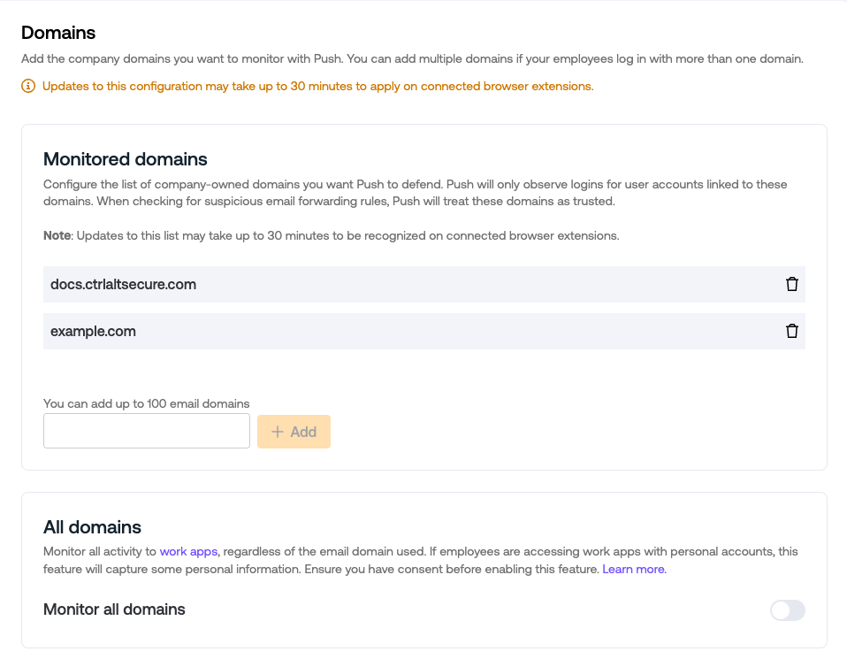 Settings > Domains configuration - docs - View SaaS activity