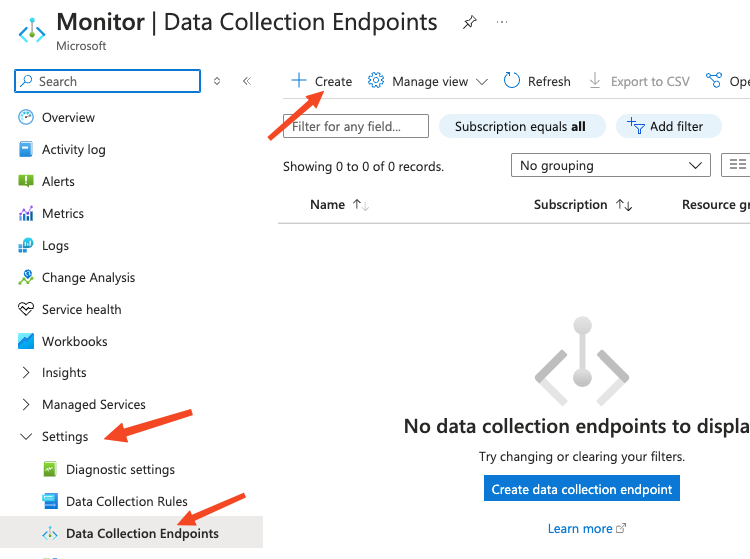 Azure data collection endpoint - Sentinel SIEM