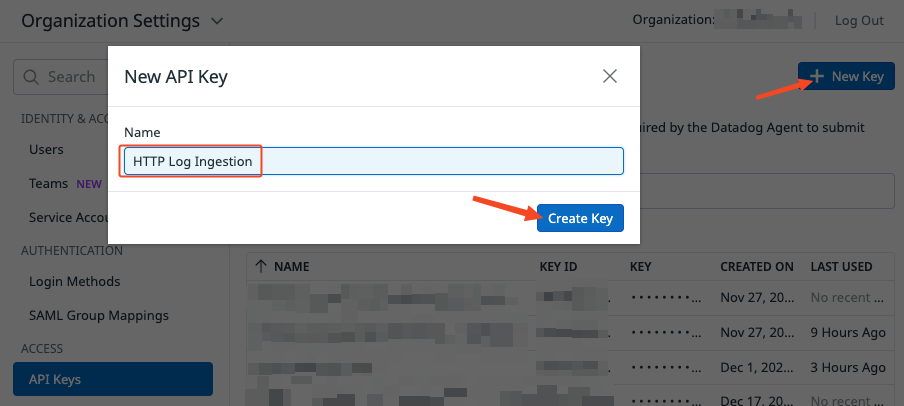 Datadog create key - docs - Datadog SIEM