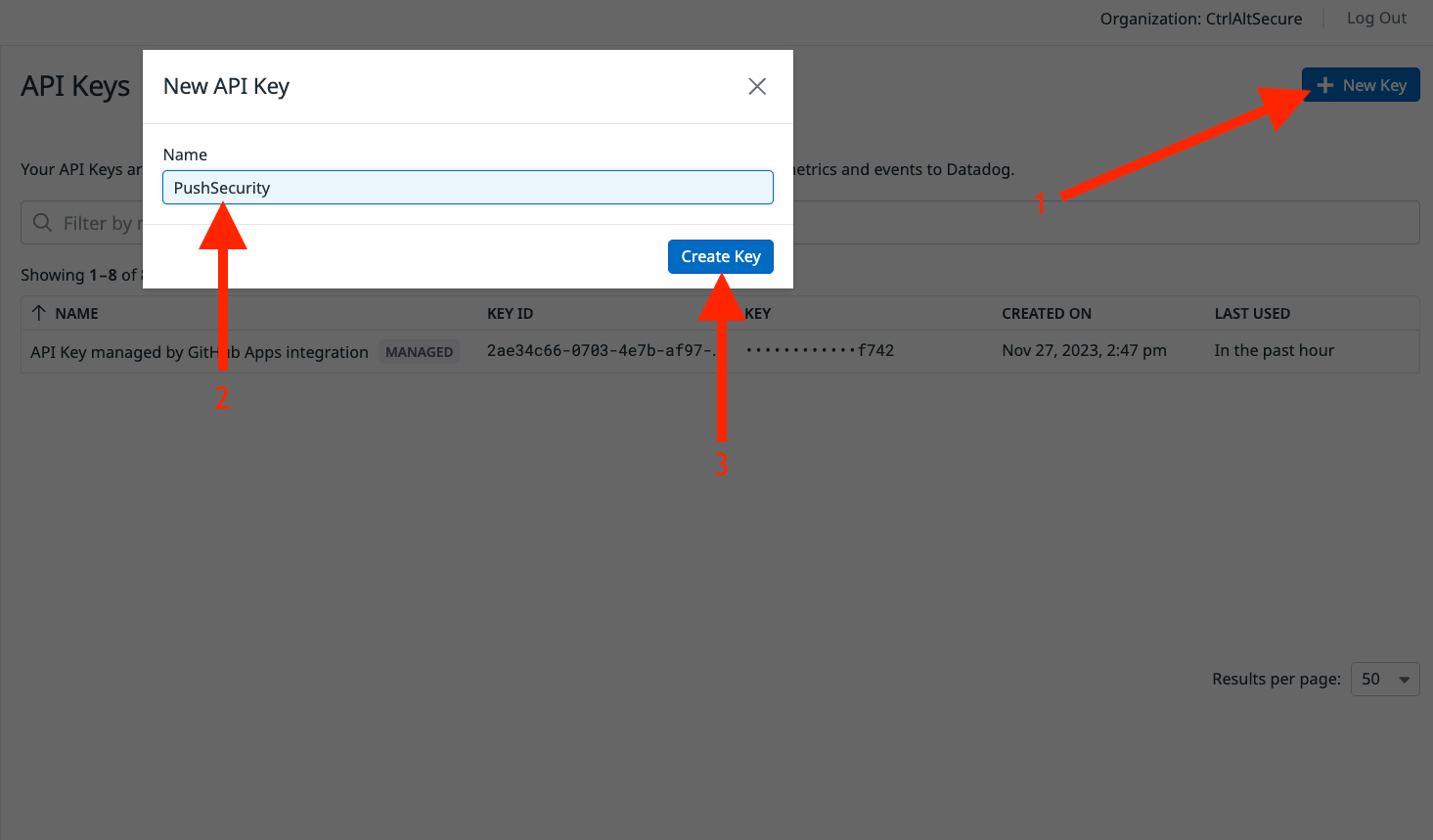 Datadog create key - docs - Datadog SIEM