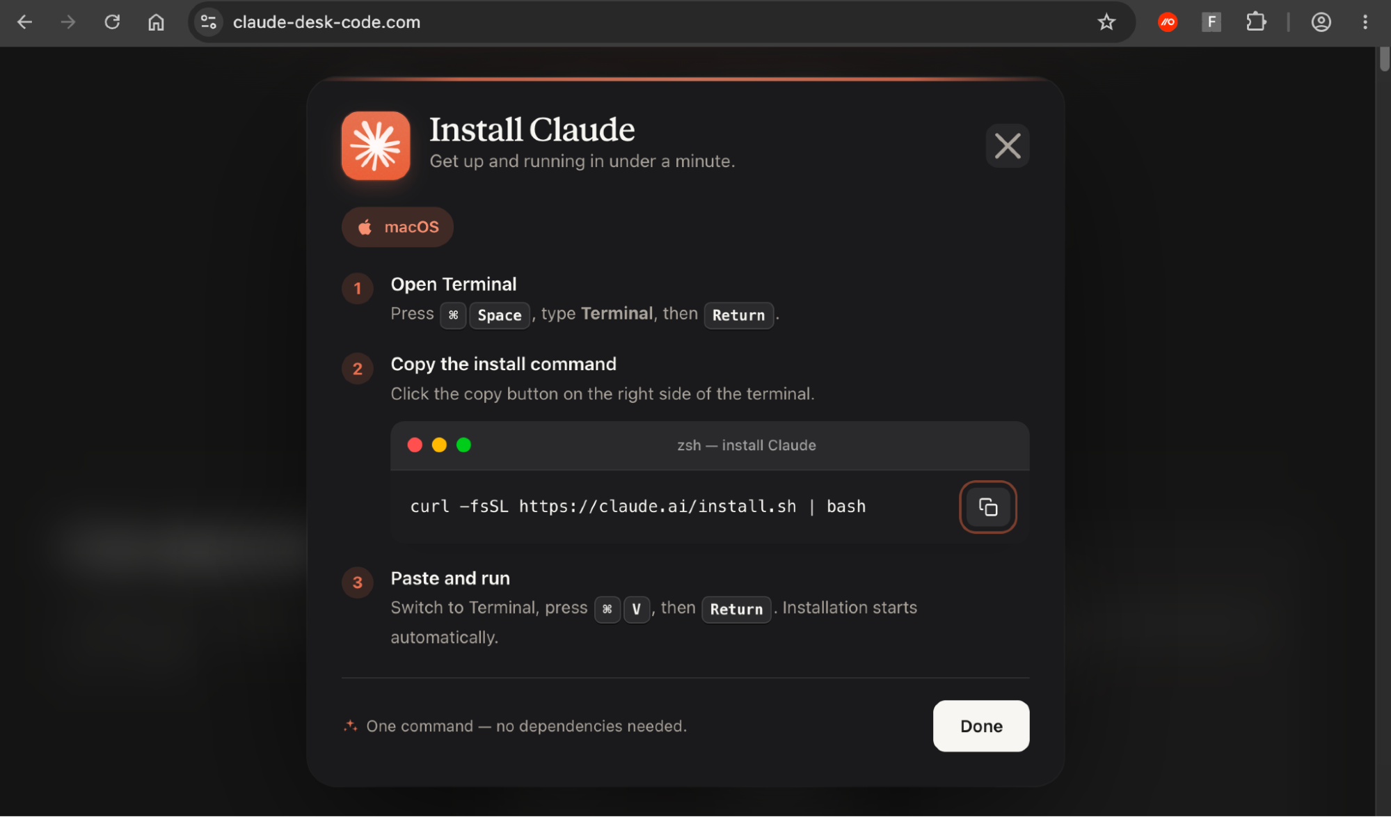 InstallFix lure with further visual deception, displaying the genuine Claude install command to the victim.