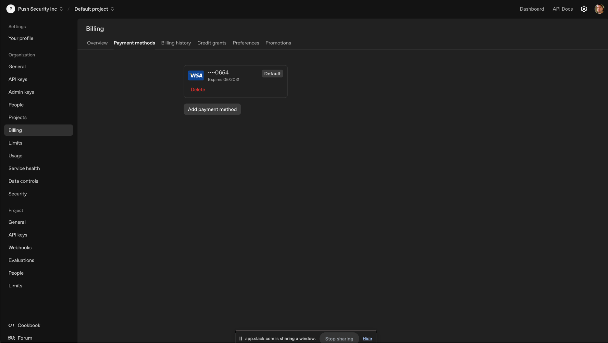 Billing page showing attached Visa card.