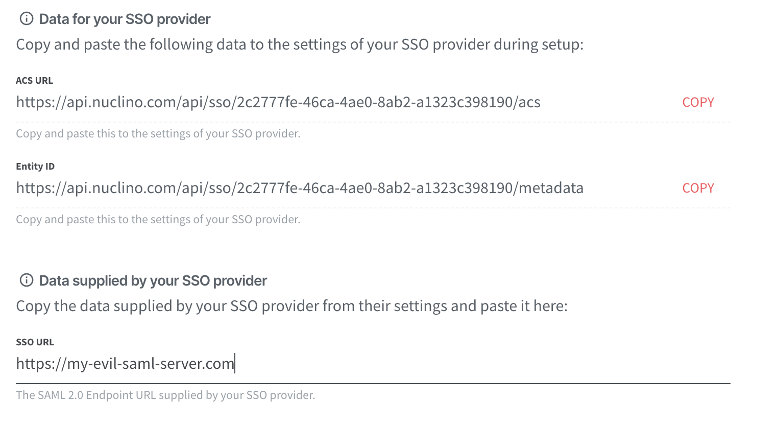 Nuclino custom SAML settings