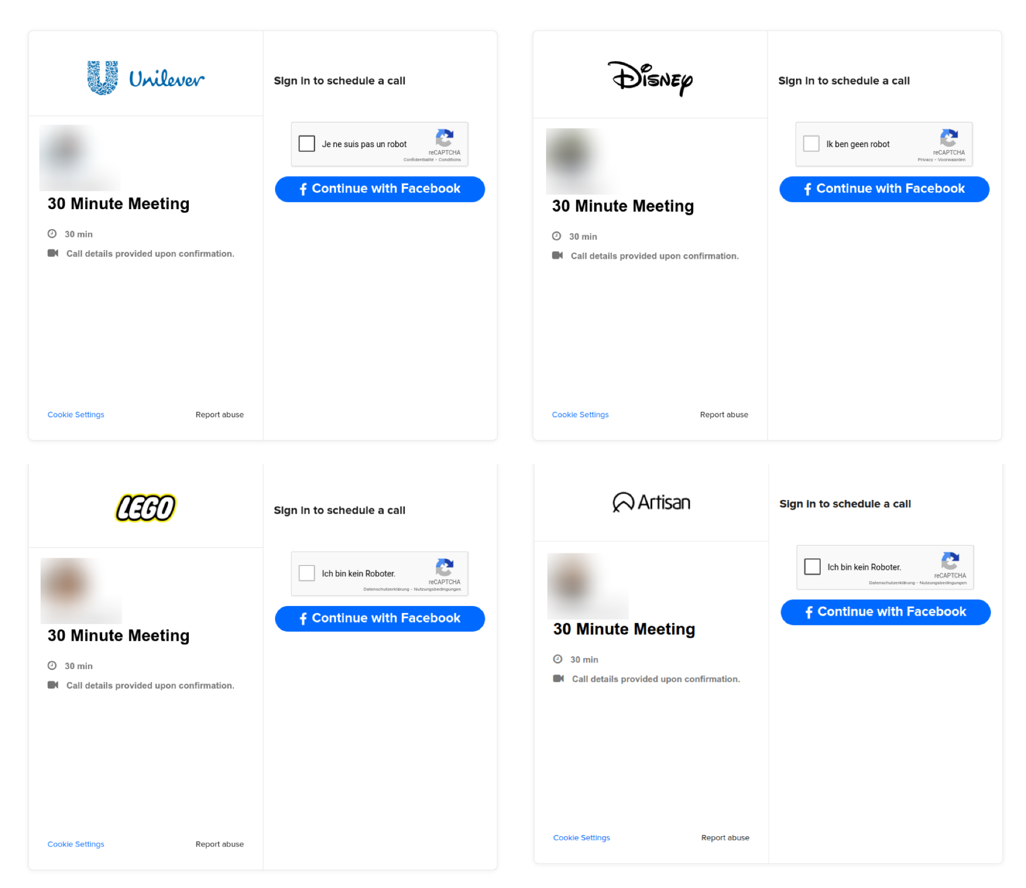 Pages with similar properties impersonating Unilever, Disney, Lego, Artisan, and many more brands that look to be an older-style version of the same campaign.