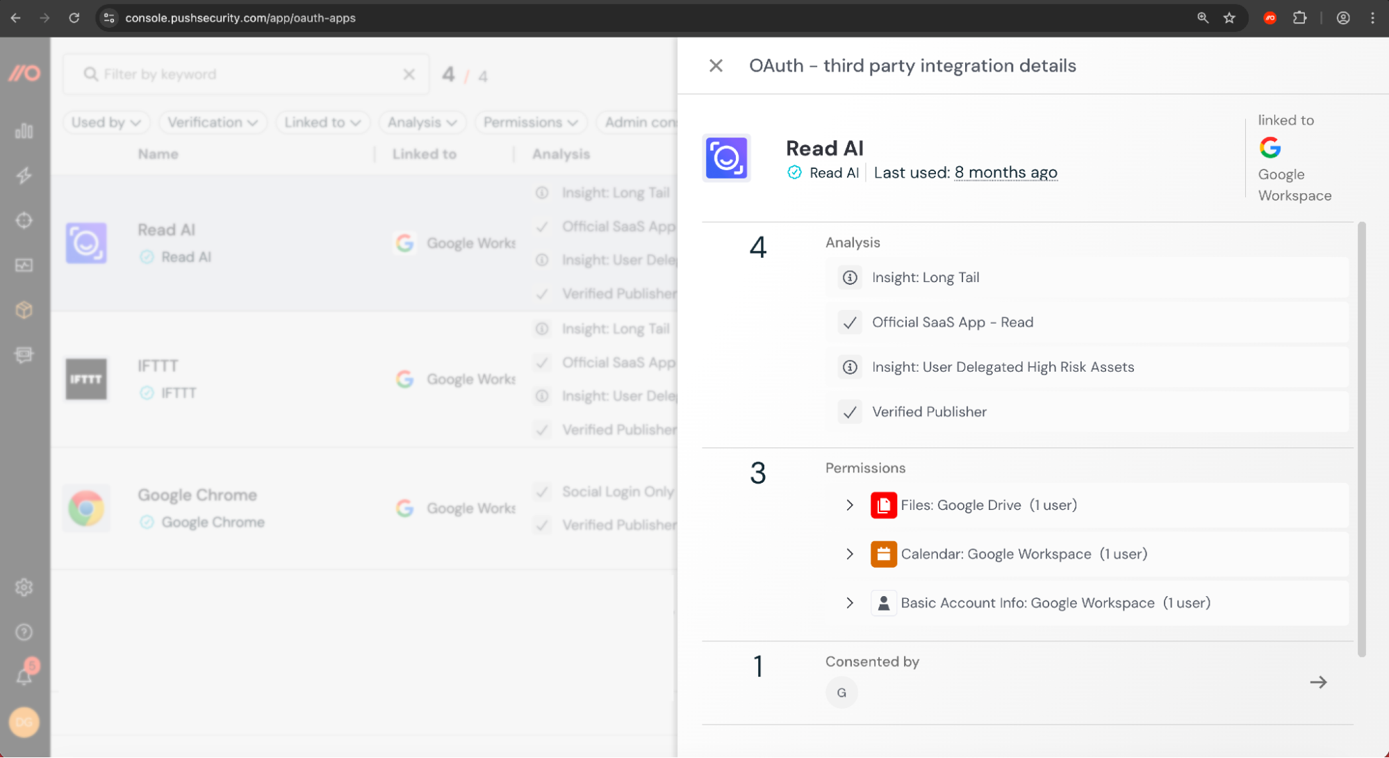 Analyse OAuth integrations, including permissions, user count, and other useful metadata. 