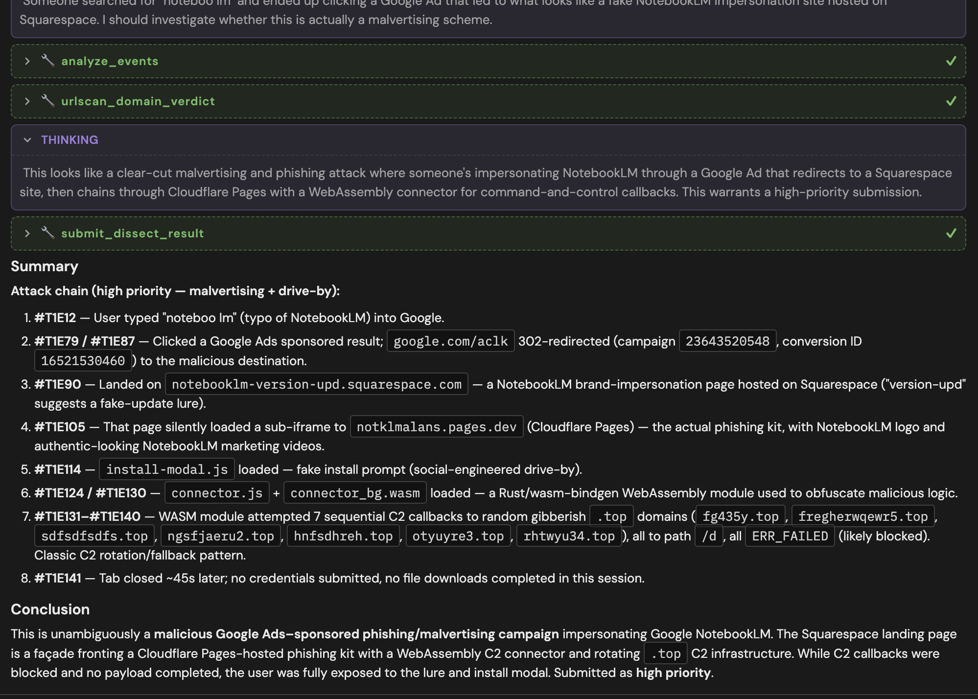 Dissect agent output - agentic threat hunting blog
