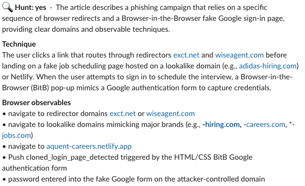 Initial analysis of a TI post by Push agents that triggers intel ingestion, checking for potentially huntable elements relevant to Push’s detection capabilities