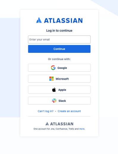 Default Atlassian login page showing the range of social login methods available