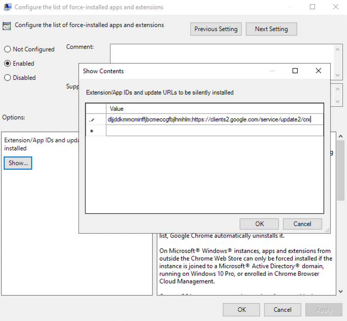 Chrome force install group policy settings: KB 10052