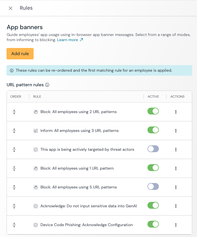 Rules for AI app controls can be configured on a variety of conditions, including user groups, app attributes, and what mode of enforcement you wish to use.