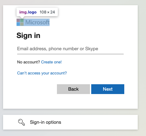 Legitimate Microsoft login page showing the HTML <img> element representing the logo