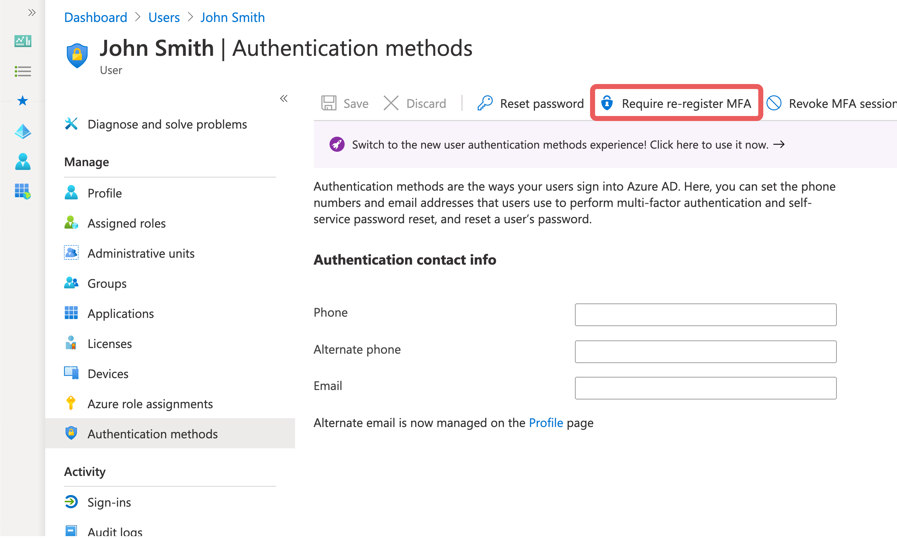M365: Users, Authentication methods, Require re-register MFA