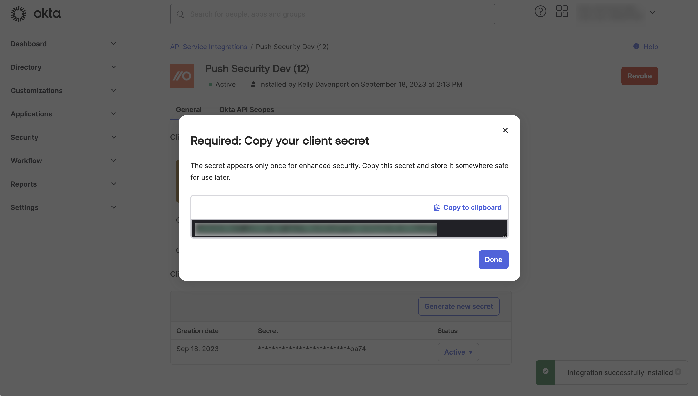 Copy client secret Okta integration - Add employees - docs