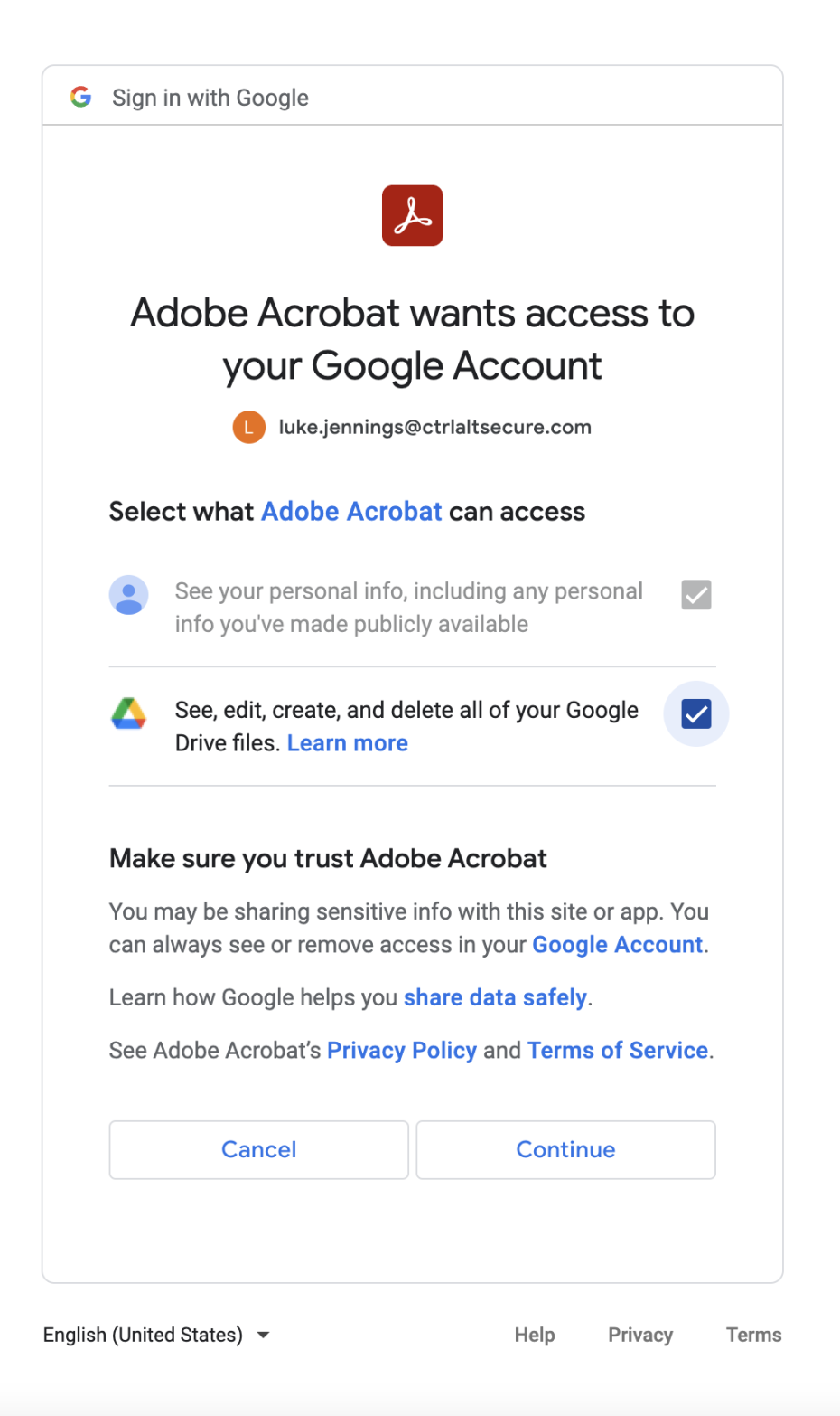 Adobe wants to access your Google account