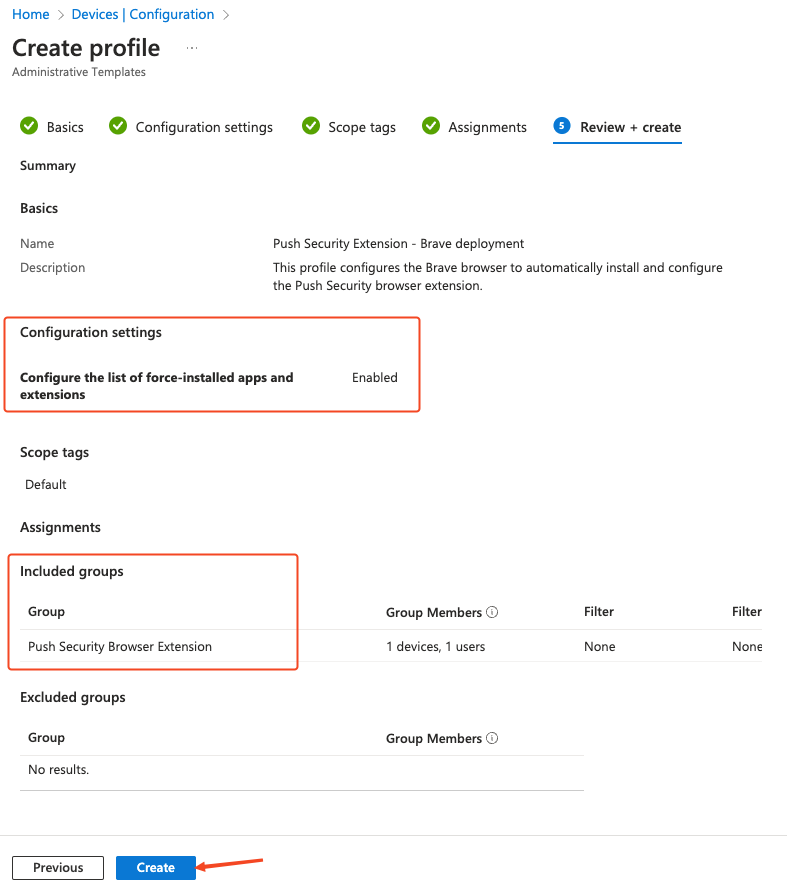 Intune MDM instructions for Brave - review and create profile