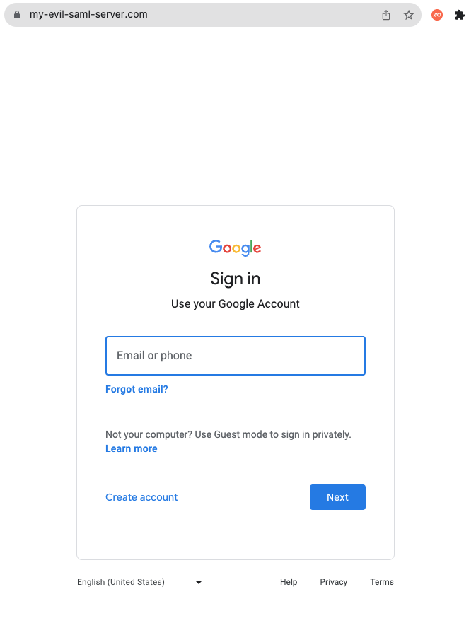 Fake Google SSO login page the target user is redirected to