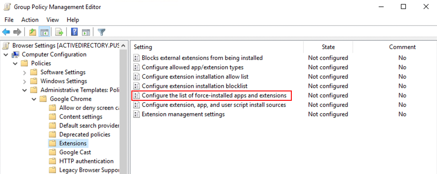 Chrome configure list of force-installed extensions: KB 10052